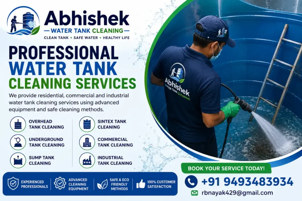 Professional water tank cleaning service in Hyderabad with technician cleaning residential water tank using pressure washer equipment