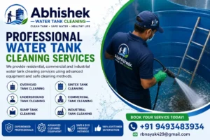 Professional water tank cleaning service in Hyderabad with technician cleaning residential water tank using pressure washer equipment