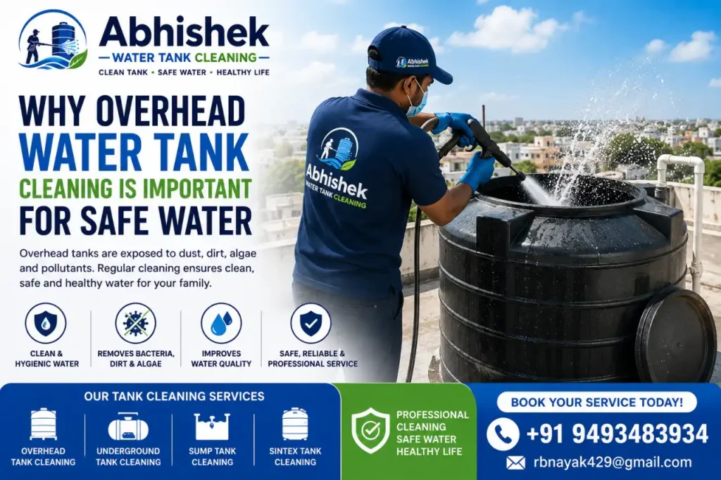 Professional overhead water tank cleaning service with worker cleaning rooftop water tank using high pressure jet machine