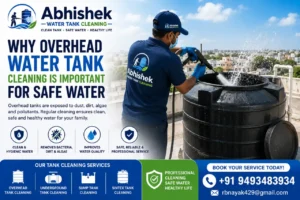 Professional overhead water tank cleaning service with worker cleaning rooftop water tank using high pressure jet machine